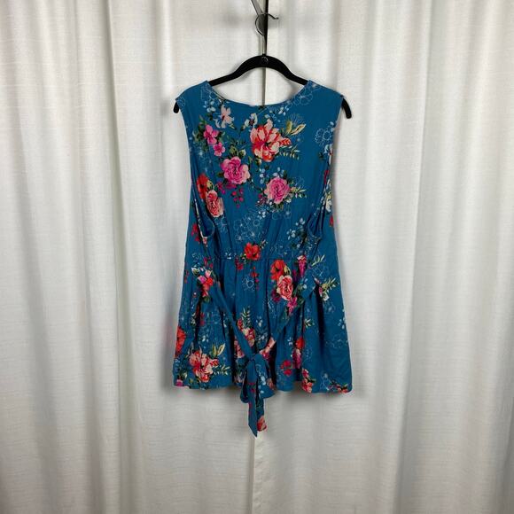 Torrid Blue Floral Rayon Slub Button Up With Waist Detail Tank Blouse Sz.3 - Picture 10 of 16